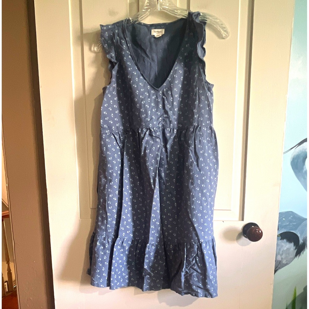 UpWest XS Blue White Star Print V-Neck Ruffle Cap Sleeve Mini Dress Linen